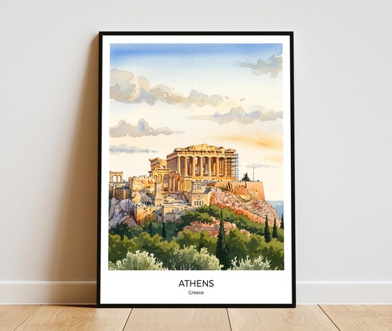 Athens Acropolis Parthenon Golden Hour Watercolor Travel Poster