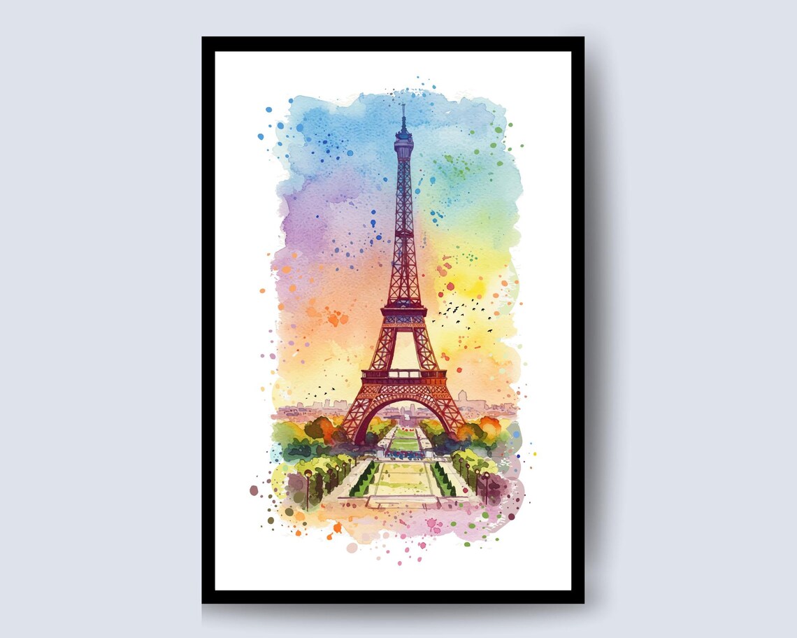 Eiffel Tower Paris Rainbow Watercolor Splashes Landmark Poster