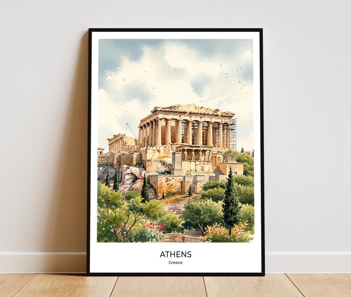 Athens Parthenon Temple Watercolor Skyline Greece Travel Poster