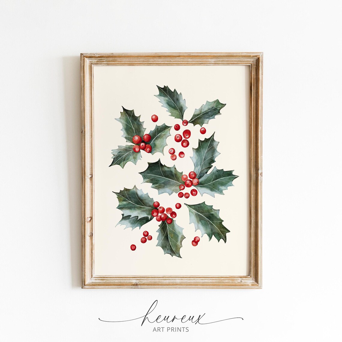 Watercolor Holly Leaves Red Berries Christmas Poster Botanical Holiday