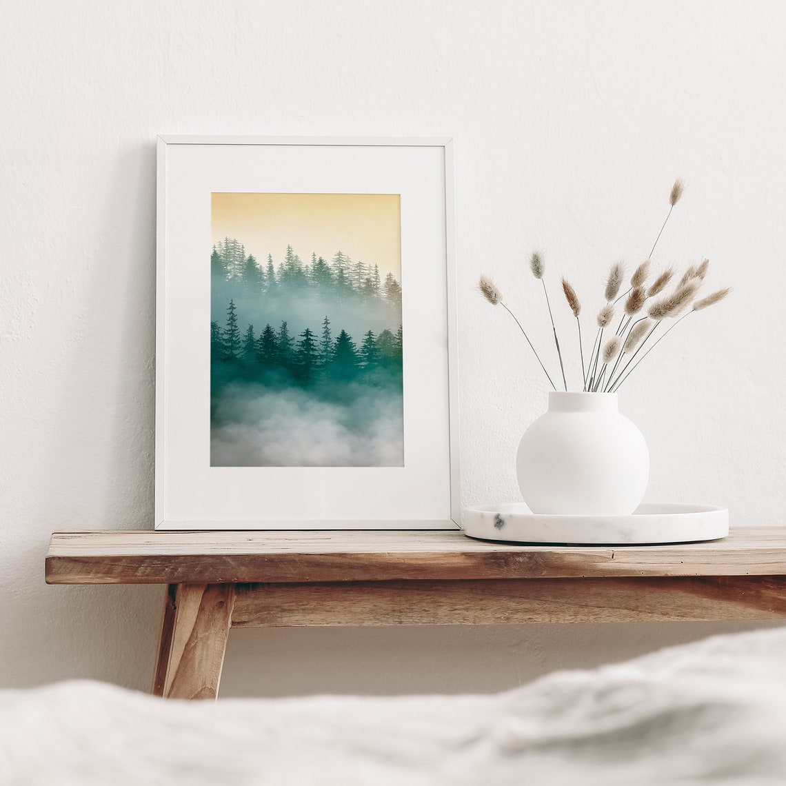 Foggy Teal Forest Misty Evergreen Painting Poster Calm Nature Decor