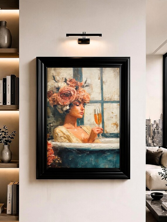Champagne Woman Floral Wall Art Fashion Portrait Oil Painting Print