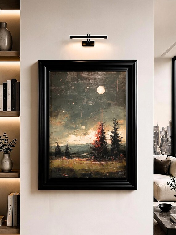 Moonlit Forest Wall Art Dark Pine Landscape Oil Painting Print