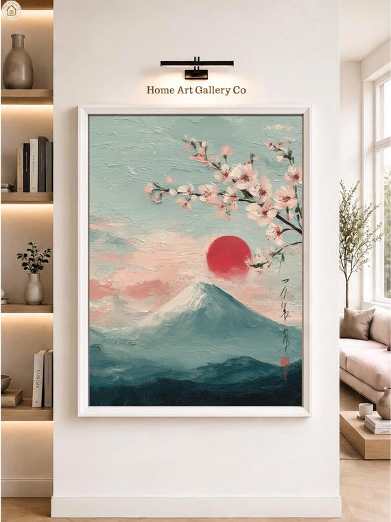 Mount Fuji Wall Art Red Sun Cherry Blossom Japandi Print