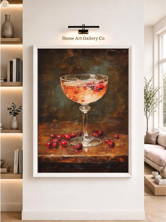 French Cocktail Wall Art Cranberry Spritz Oil Painting Luxury Bar Decor Print
