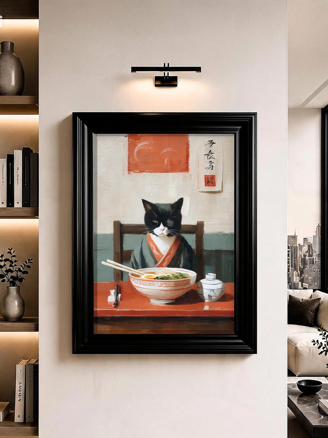Japanese Ramen Cat Wall Art Funny Kimono Oil Painting Print