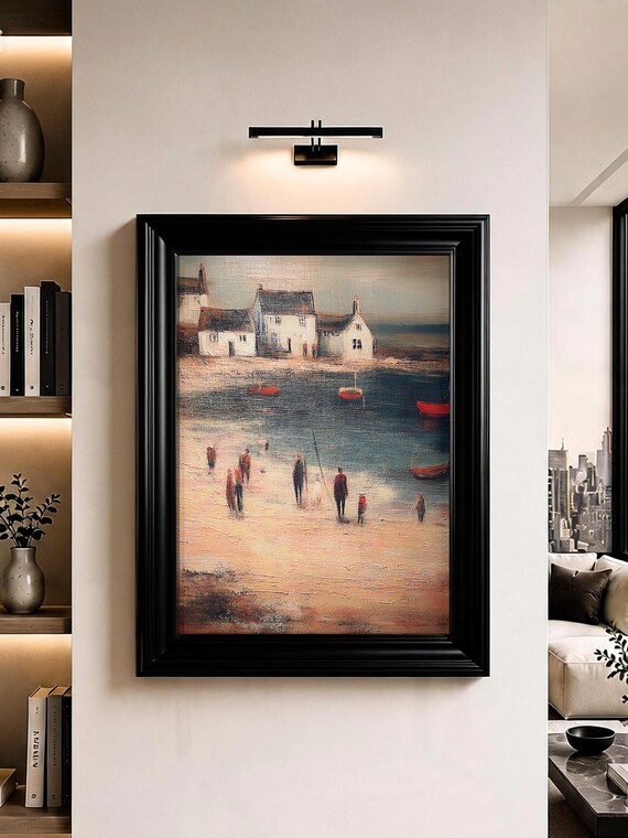 Fishing Seaside Village Wall Art Coastal Beach Oil Painting Print