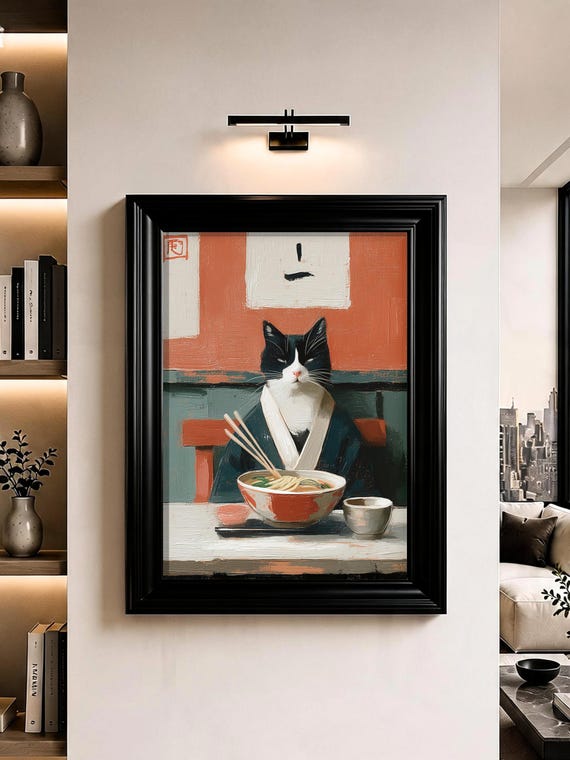 Japanese Ramen Cat Wall Art Tuxedo Oil Painting Print