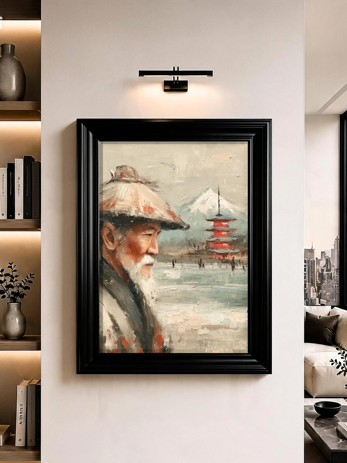 Old Japanese Man Mount Fuji Red Pagoda Winter Portrait Art Poster