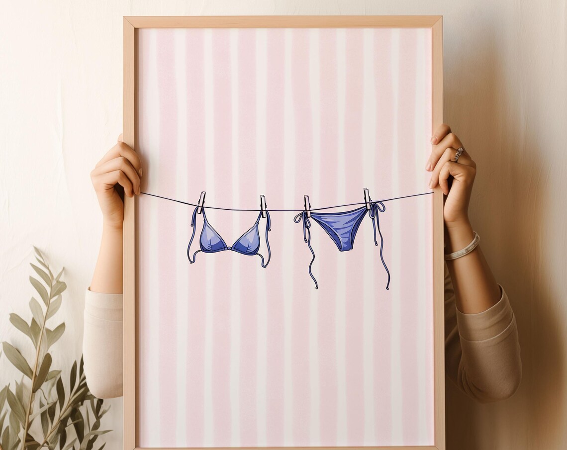 Sky Blue Bikini Clothesline Pink Stripe Coastal Summer Minimal Poster