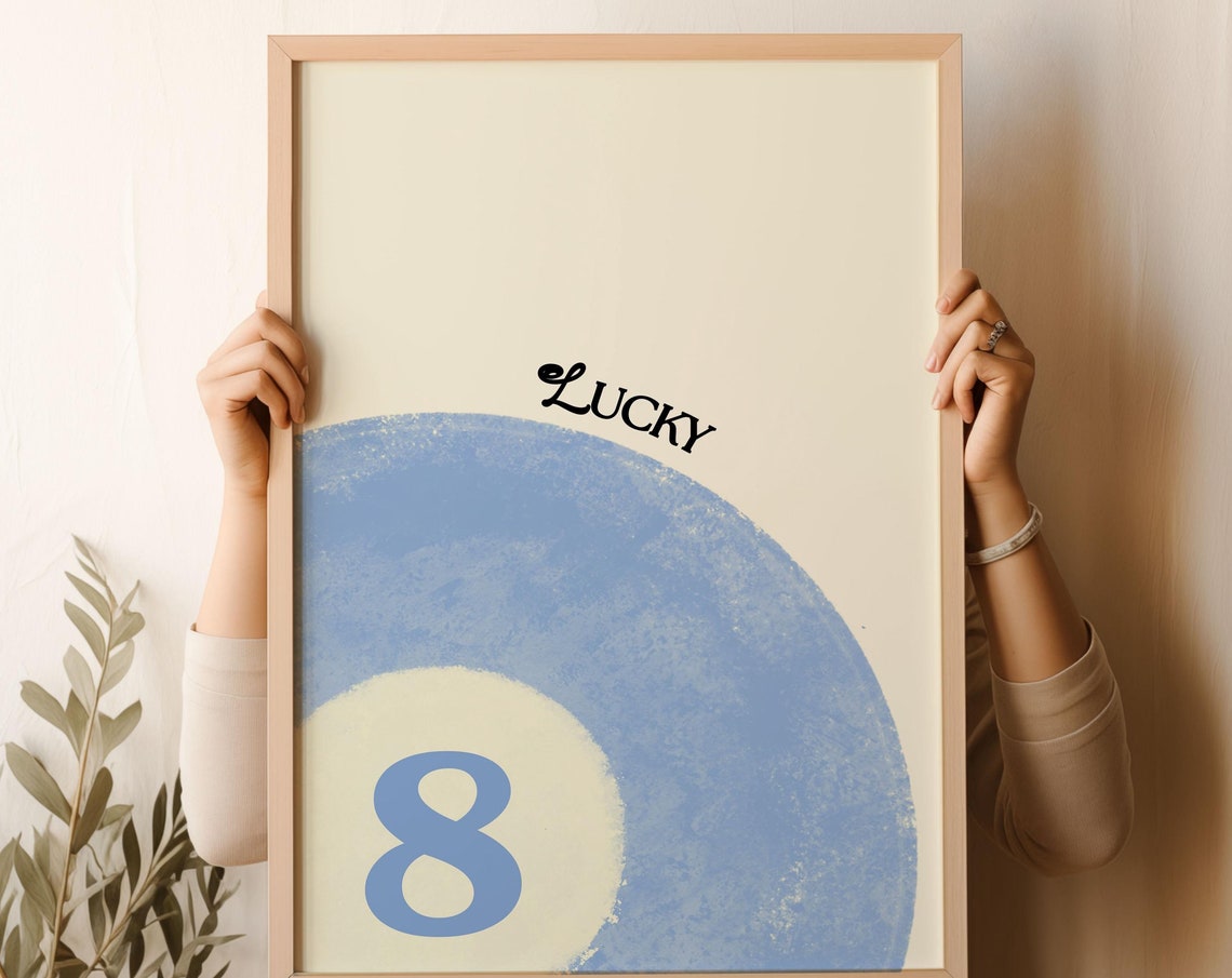 Lucky Blue Pool Eight Ball Retro Hand Drawn Game Room Wall Poster