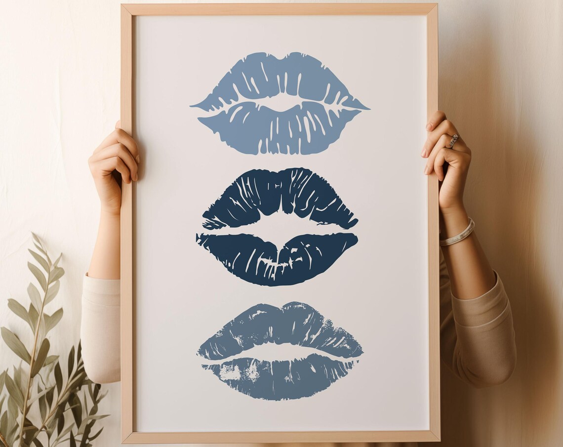 Navy Blue Kiss Lips Aesthetic Trendy Minimalist Dorm Room Wall Art