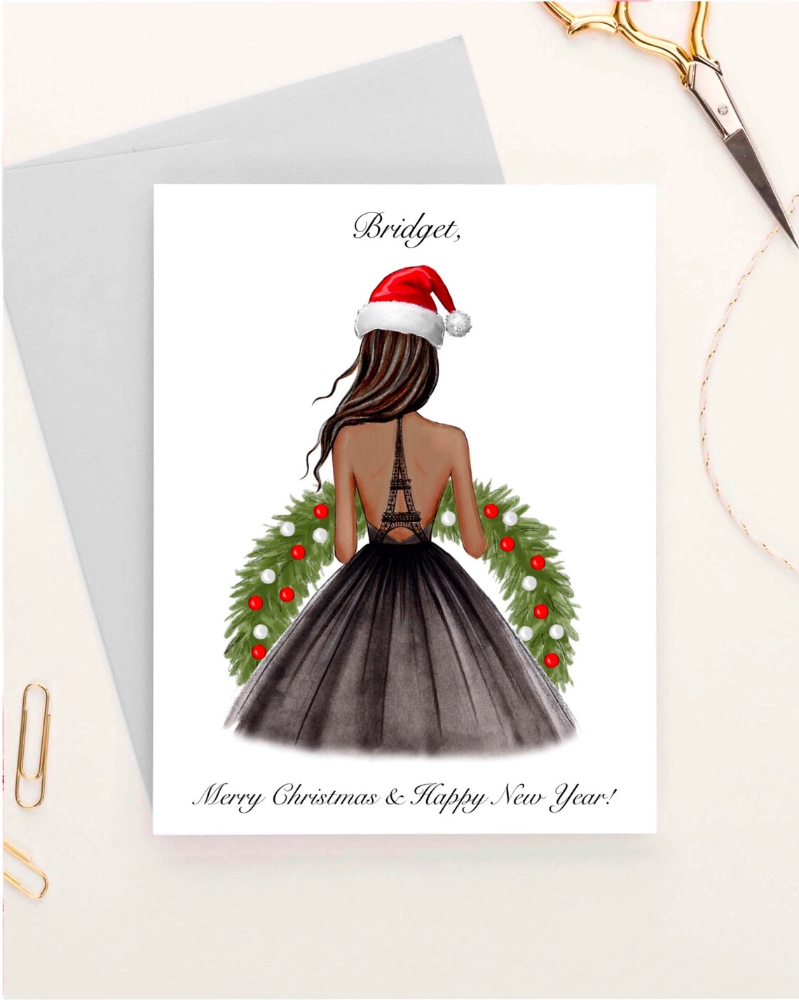 Personalized Christmas Card Santa Hat Eiffel Tower Fashion Girl Poster - Image 3