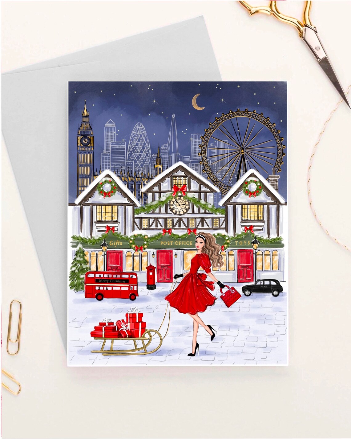 Personalized Christmas London Greeting Card, Holiday Postcard