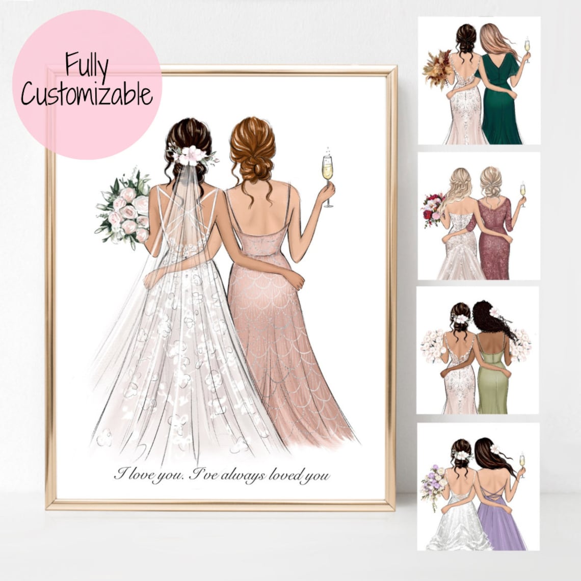 Custom Bride And Bridesmaid Portrait Art Print