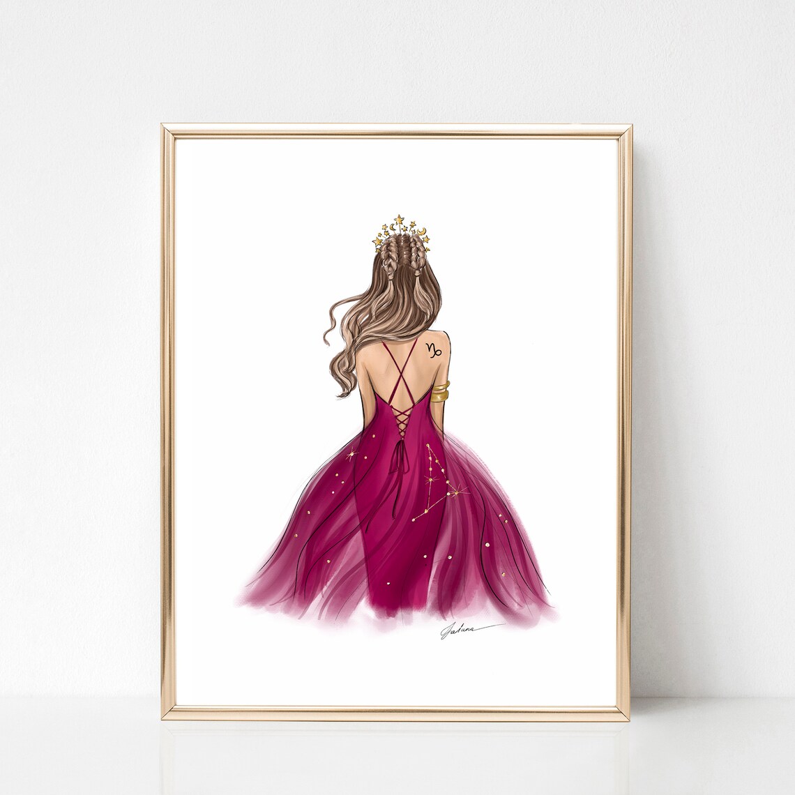 Capricorn Zodiac Fashion Illustration Emerald Gown Starry Art Poster - Image 2