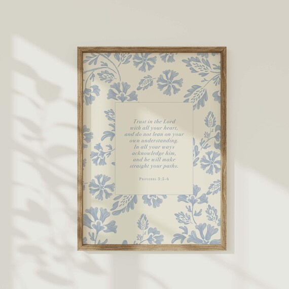 Proverbs 3:5-6 Trust in the Lord Blue Botanical Pattern Scripture Poster