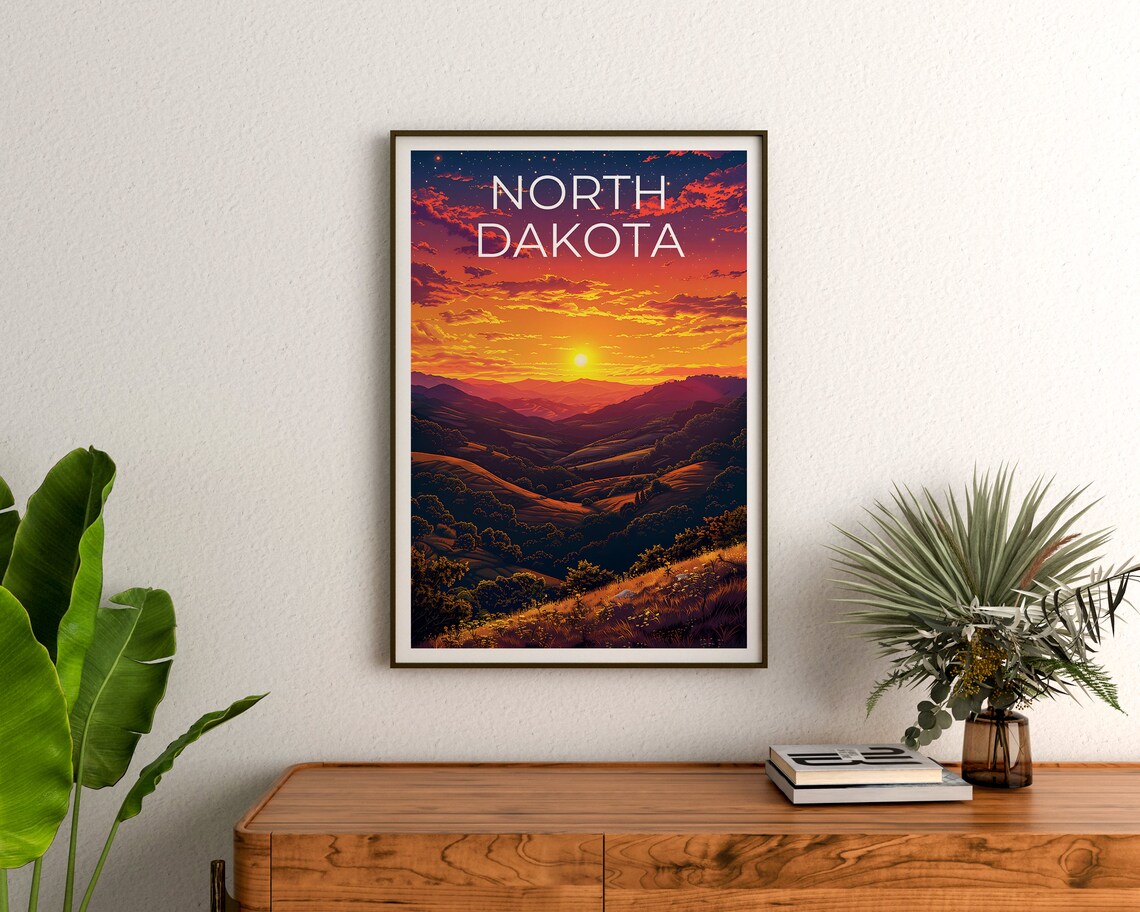 North Dakota Rolling Hills Sunset Prairie Golden Sky Travel Poster - Image 3