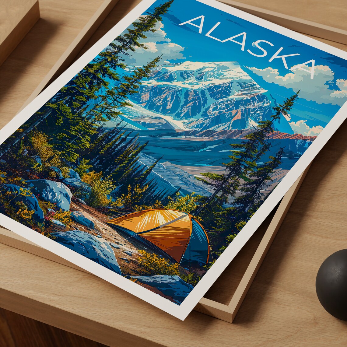 Alaska Snowy Mountain Daytime Forest Tent Campsite View Travel Poster - Image 3