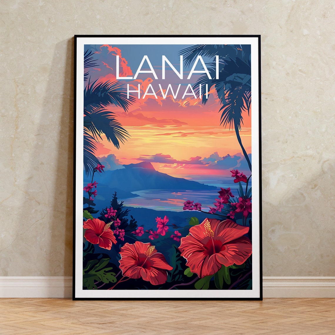 Lanai Hawaii Tropical Sunset Palm Hibiscus Island Ocean Poster