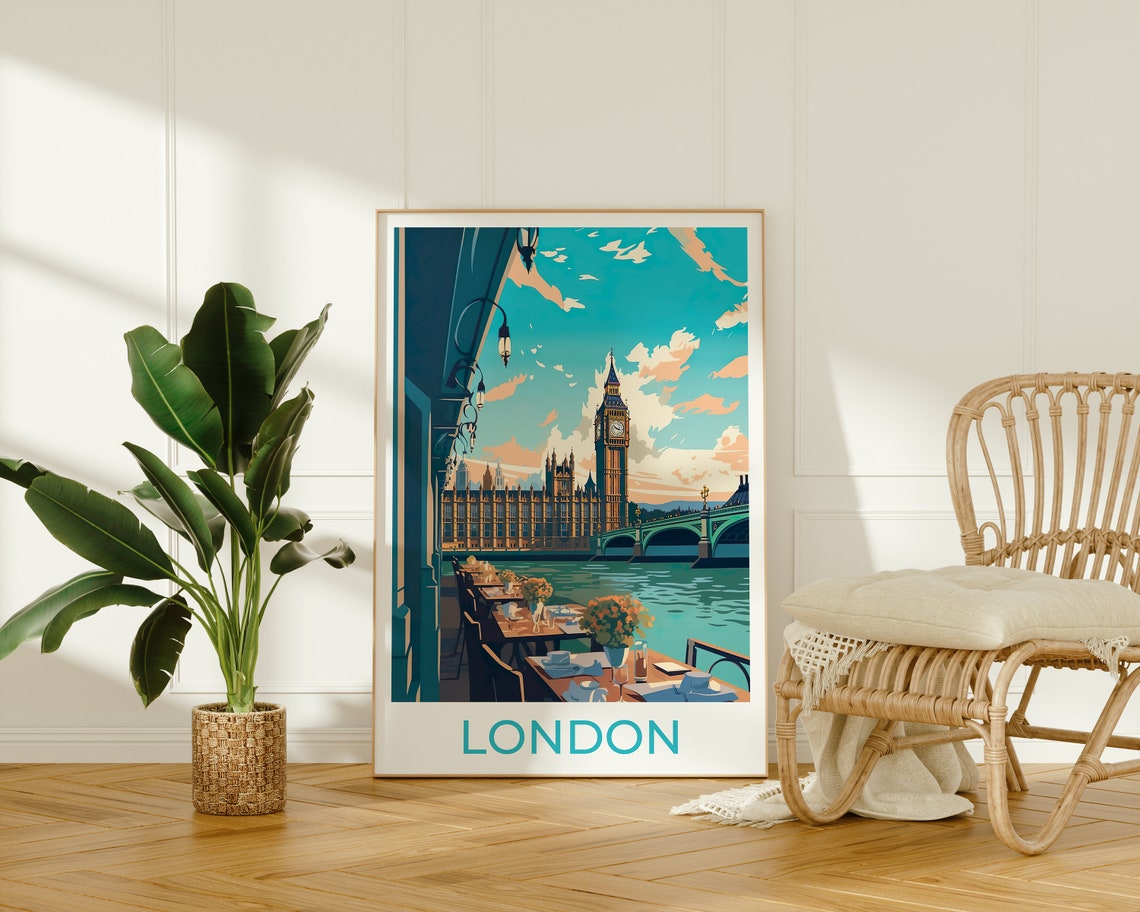 London Big Ben Parliament Thames Riverside Cafe Terrace View Poster - Image 2