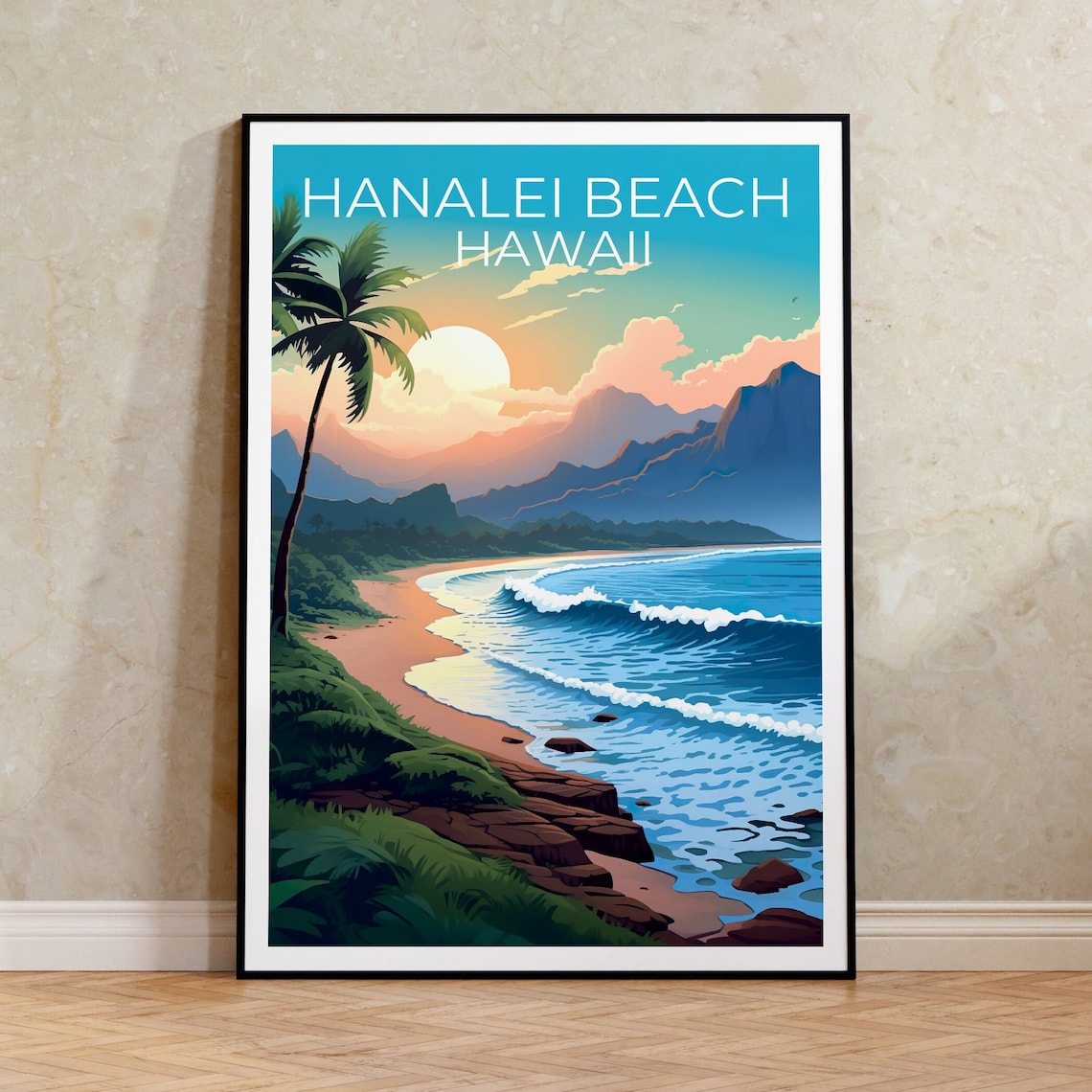 Hanalei Beach Hawaii Sunset Waves Palm Tree Mountain Bay Travel Poster