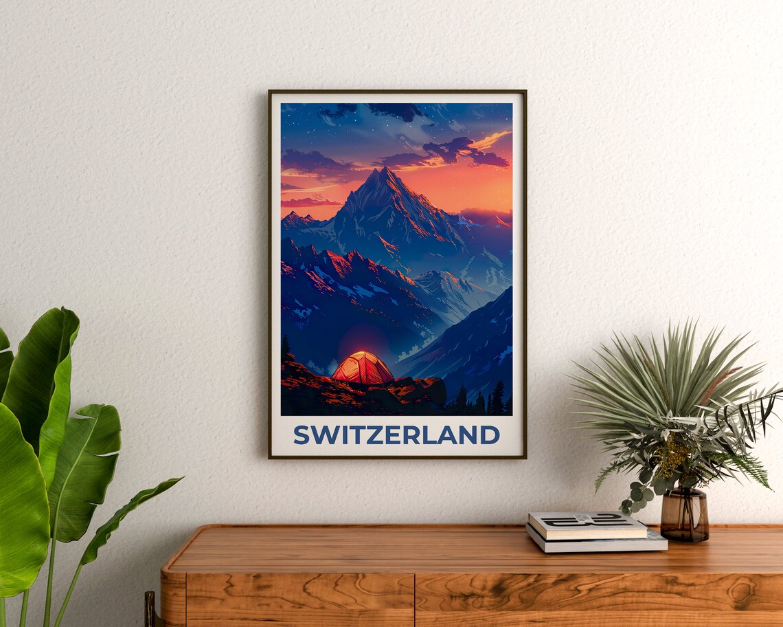 Switzerland Alpine Peak Sunset Glowing Tent Ridge Night Poster - Image 3