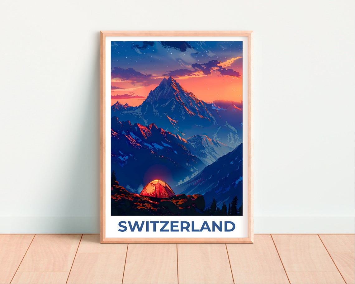 Switzerland Alpine Peak Sunset Glowing Tent Ridge Night Poster - Image 4