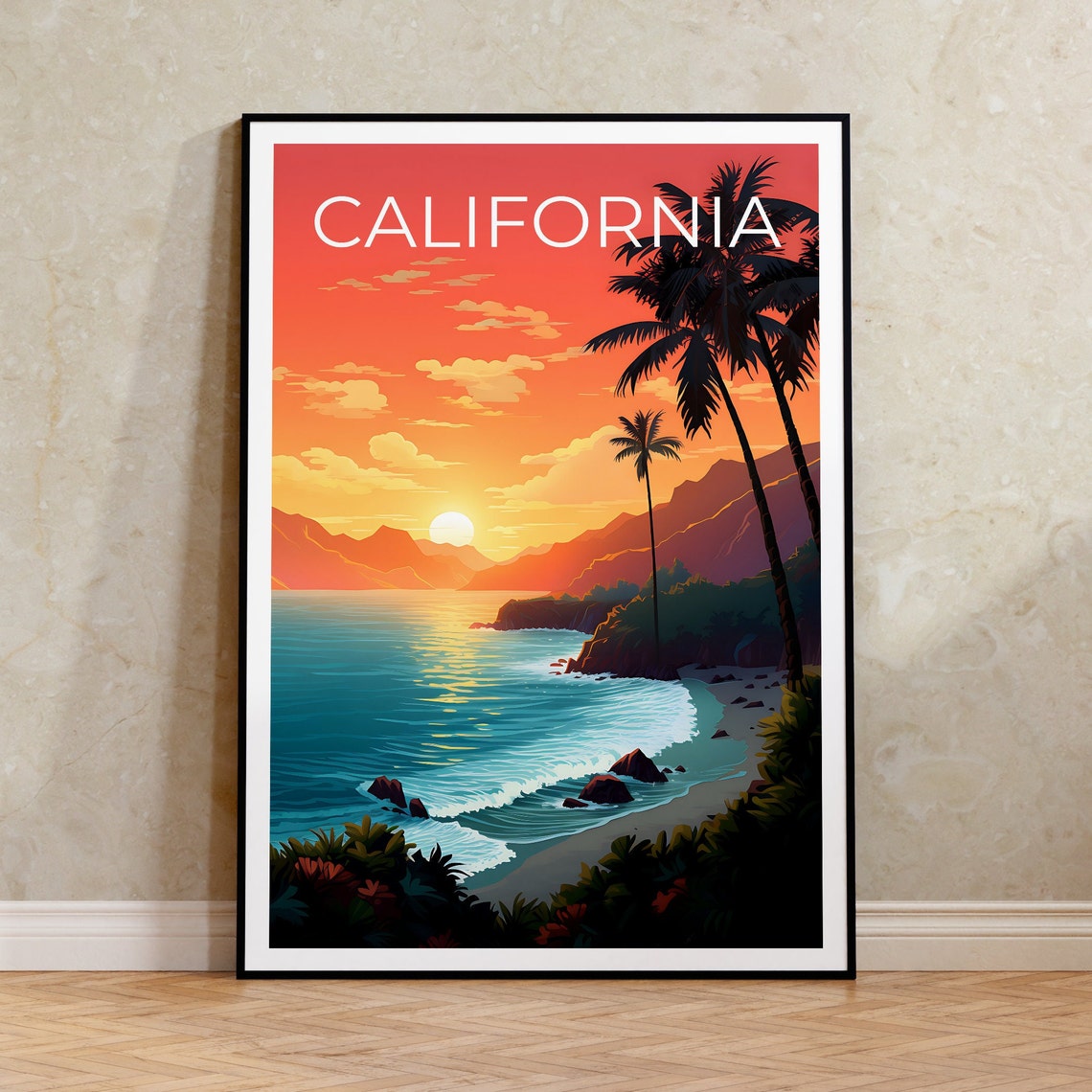 California Coast Sunset Palm Trees Rocky Cove Beach View Poster