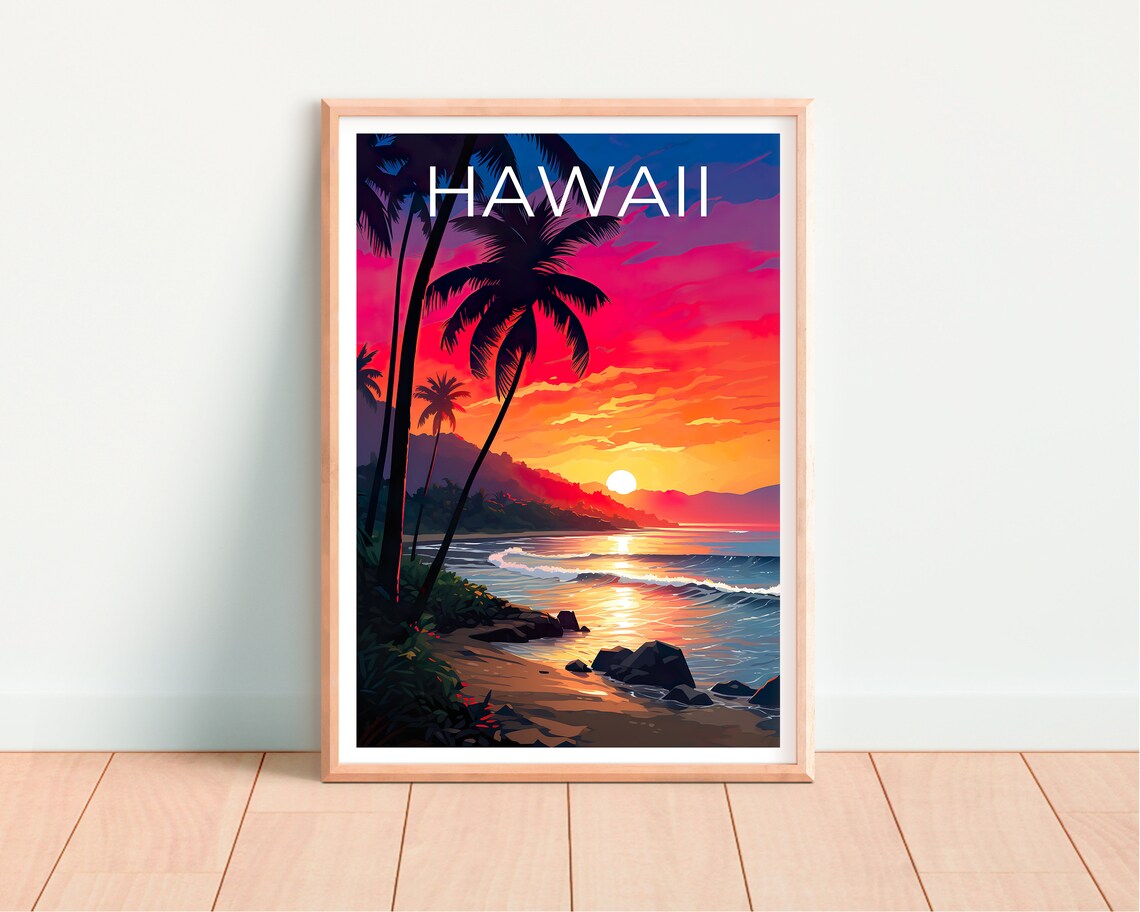 Hawaii Beach Sunset Palm Silhouettes Ocean Waves Tropical Shore Poster - Image 4