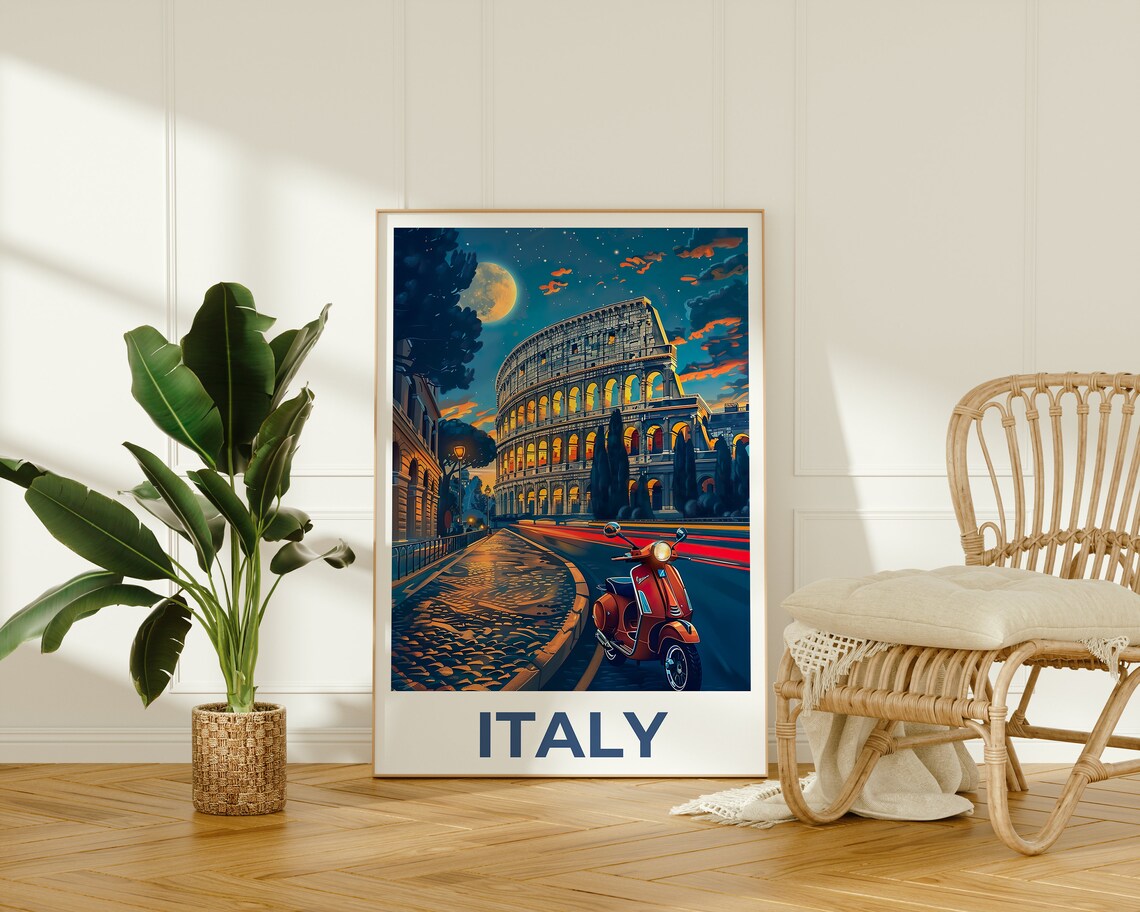 Italy Rome Colosseum Night Moonlit Vespa Scooter Street Travel Poster - Image 2