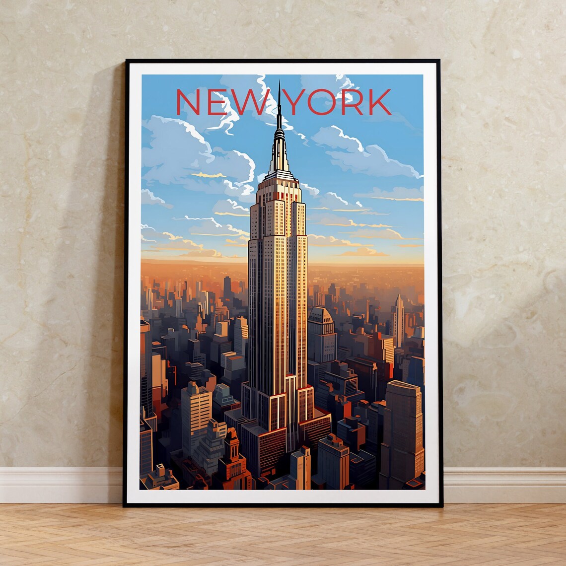 New York City Empire State Building Sunset Aerial Travel Poster