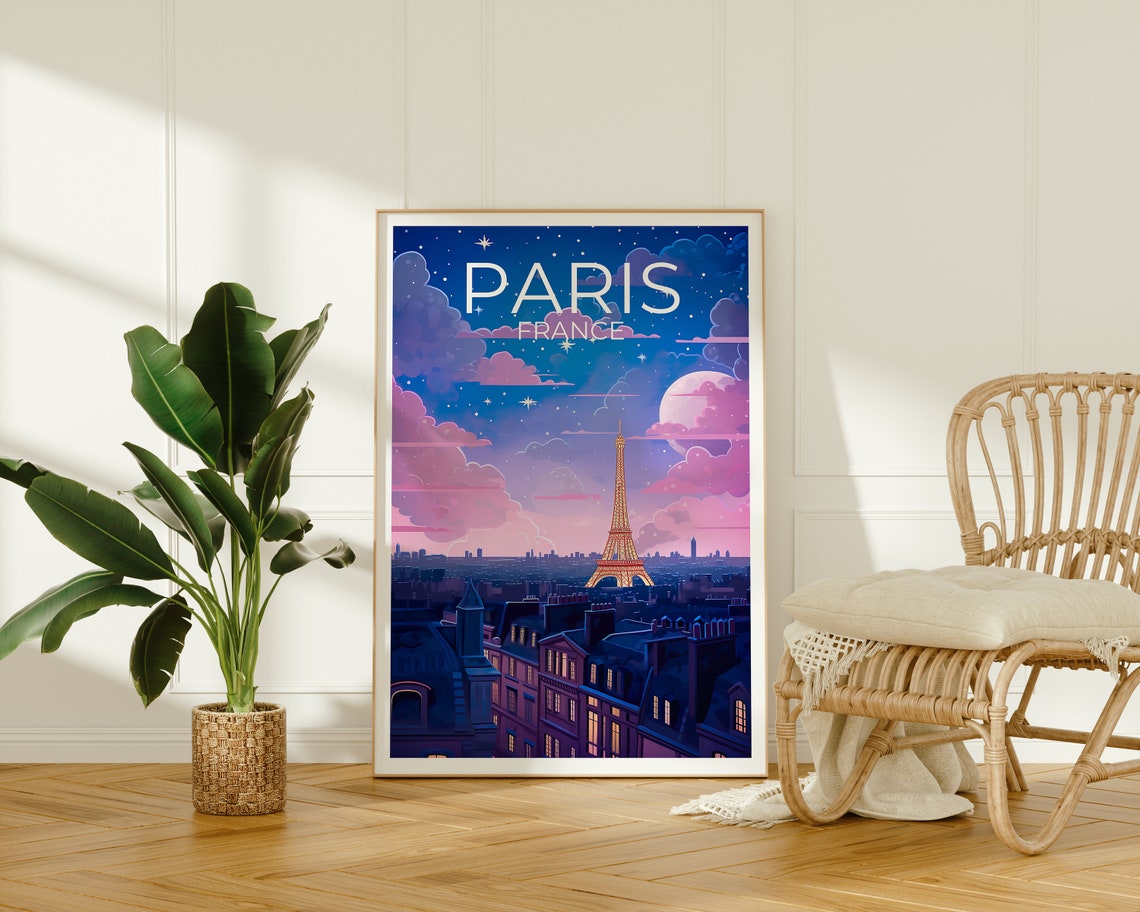 Paris France Eiffel Tower Night Rooftops Starry Sky Moon View Poster - Image 2