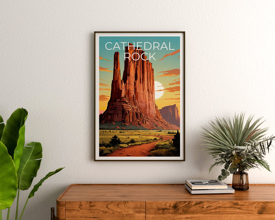 Cathedral Rock Arizona Red Rock Spire Desert Sunset Glow Travel Poster - Image 3