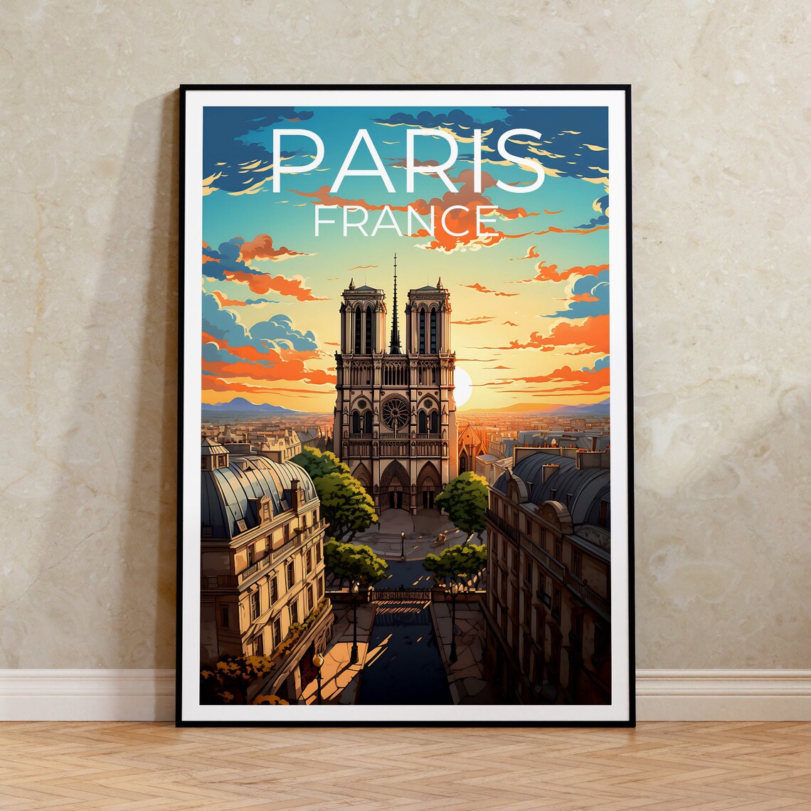 Paris France Notre Dame Cathedral Sunset Rooftops Travel Poster