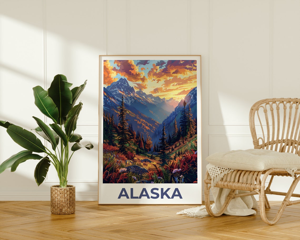 Alaska Mountain Valley Sunset Pines Wildflowers Rugged Travel Poster - Image 2