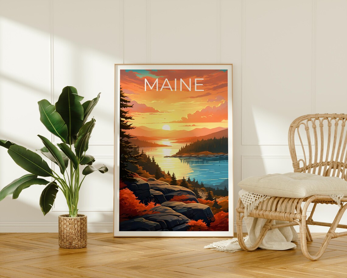 Maine Acadia Coast Rocky Shore Lake Sunset Autumn View Travel Poster - Image 3
