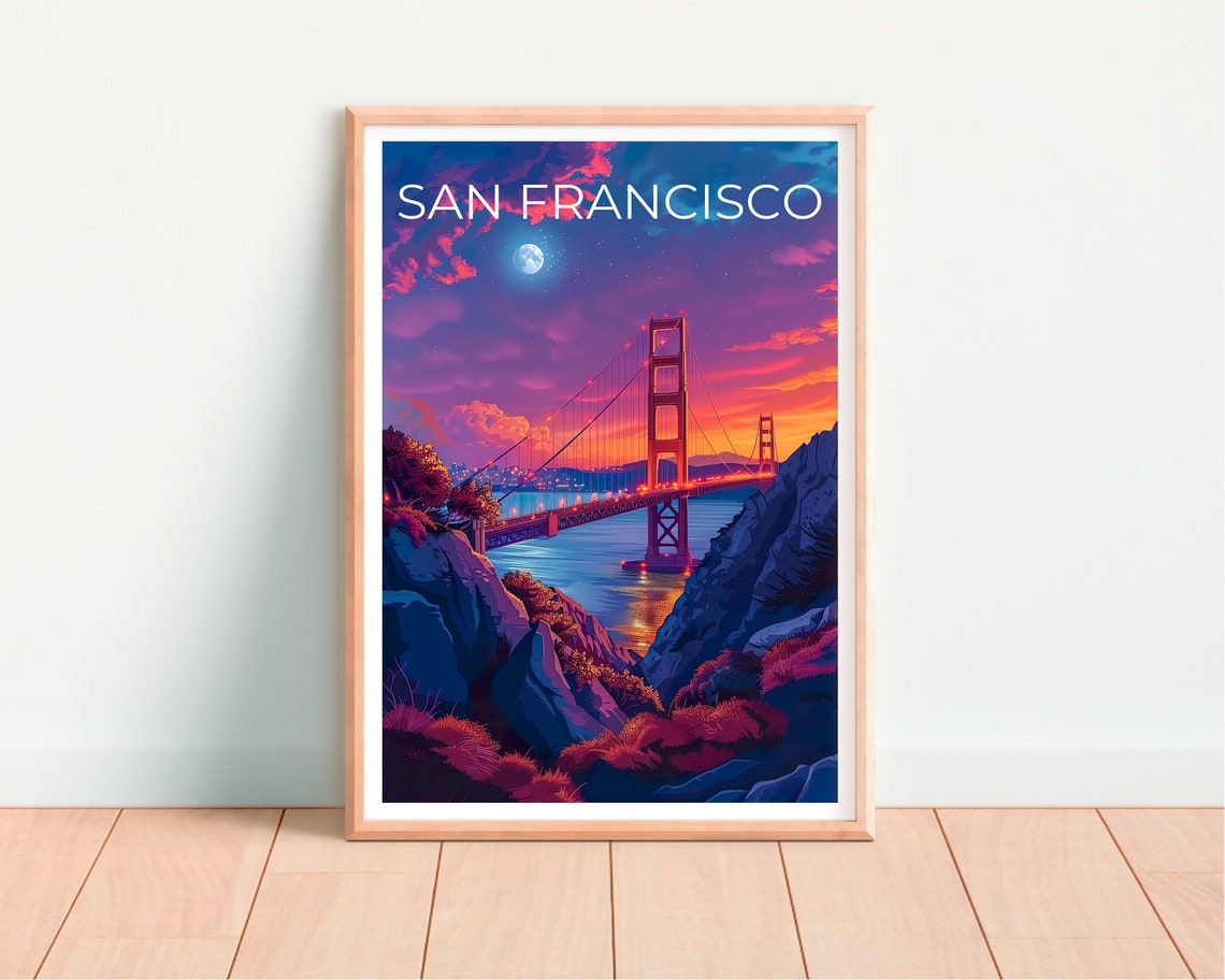 San Francisco Golden Gate Bridge Sunset Moonrise Bay Travel Poster - Image 4