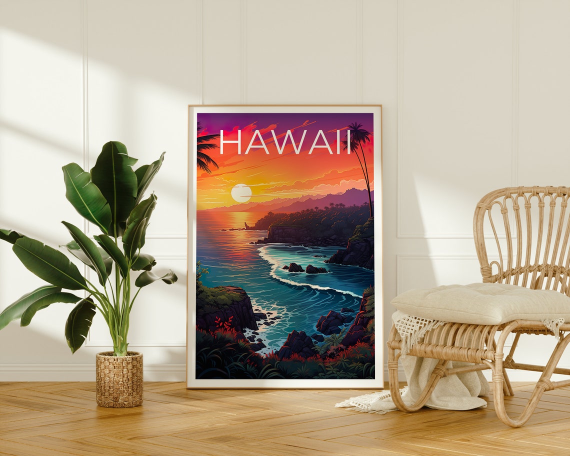 Hawaii Ocean Sunset Rocky Cove Cliffs Teal Waves Travel Poster - Image 2