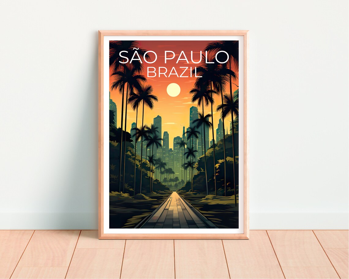 Sao Paulo Brazil Skyline Sunset Palm Avenue Retro Travel Poster - Image 4