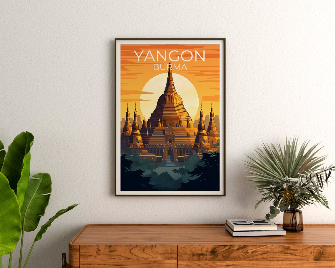 Yangon Travel Poster, Shwedagon Pagoda City Art Print - Image 3