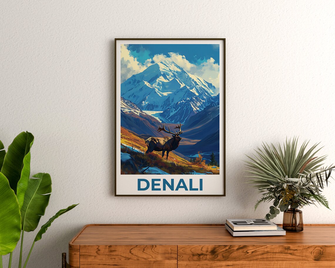 Denali Alaska Snowy Mountain Elk Autumn Meadow Golden Hour Poster - Image 3