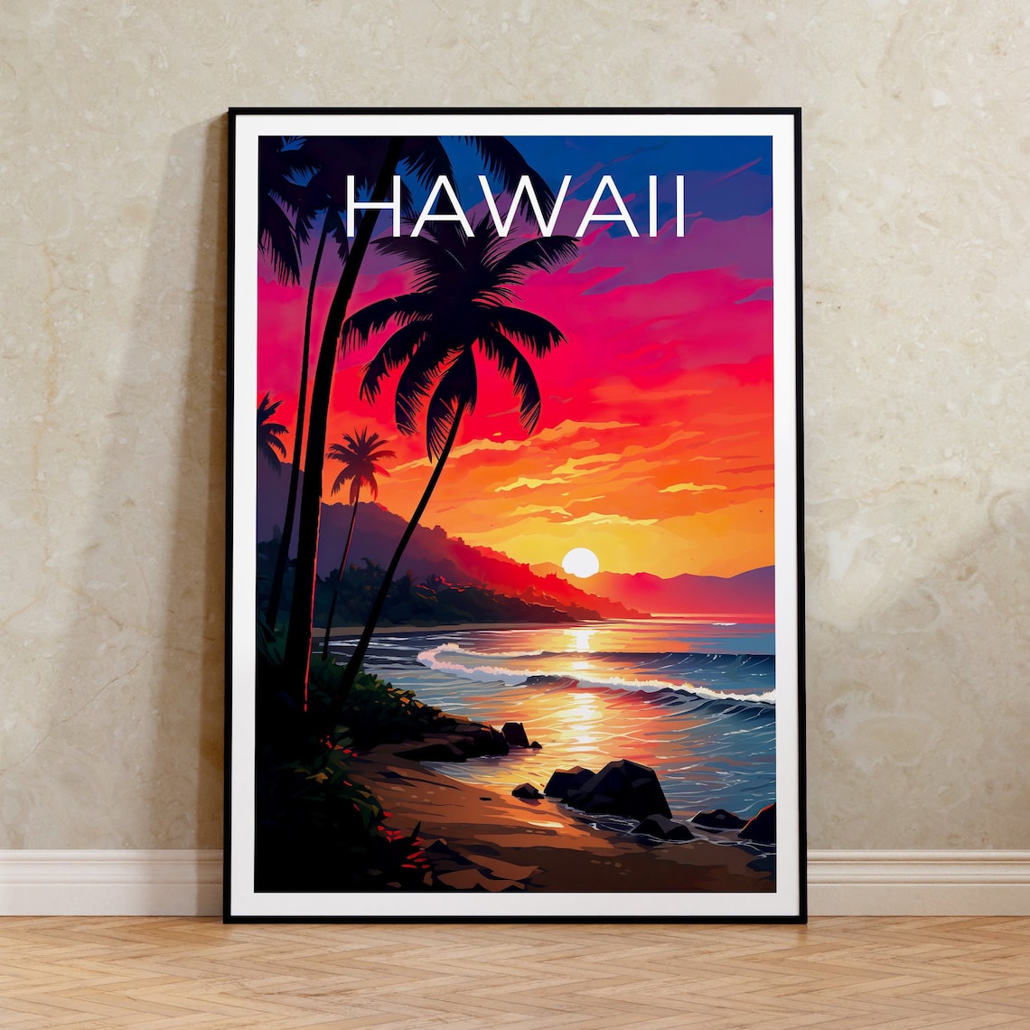 Hawaii Beach Sunset Palm Silhouettes Ocean Waves Tropical Shore Poster