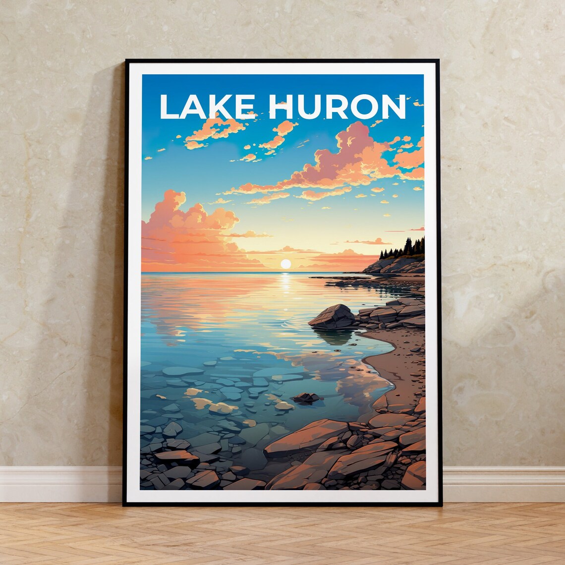 Lake Huron Great Lakes Rocky Shore Sunset Reflection Travel Poster