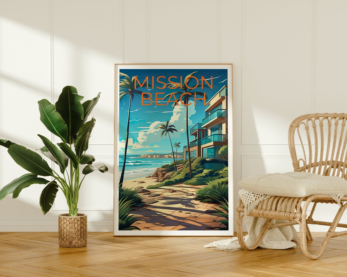 Mission Beach California Palm Boardwalk Ocean Shoreline Travel Poster - Image 2