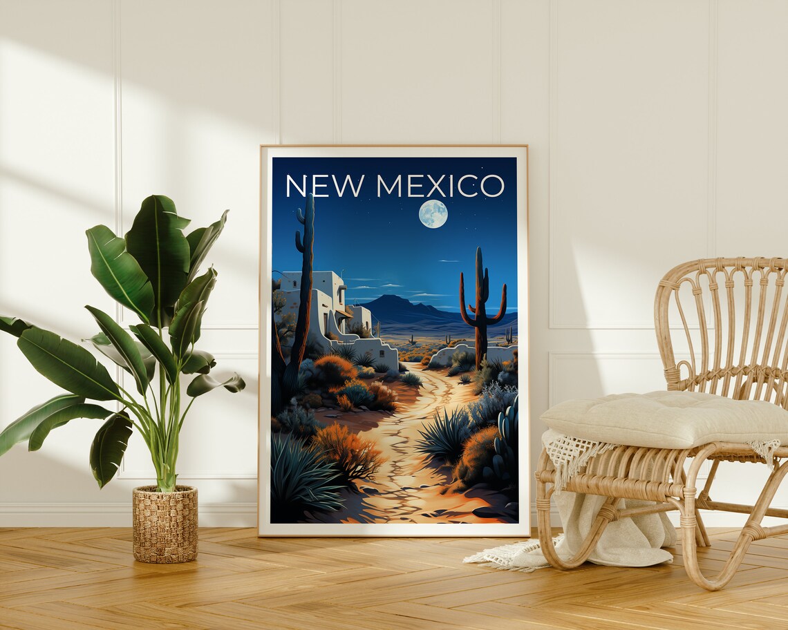 New Mexico Desert Night Adobe Buildings Saguaro Cacti Travel Poster - Image 2