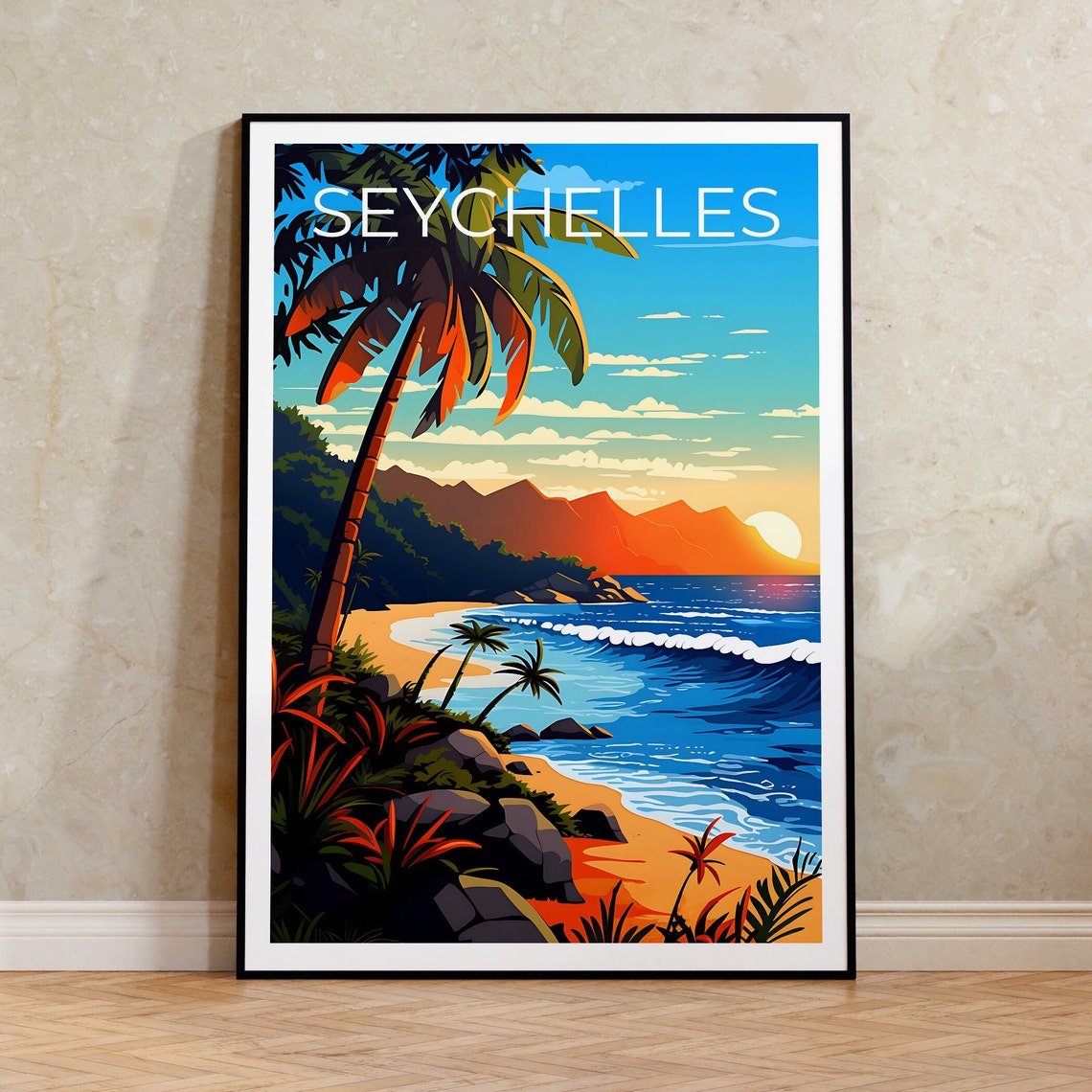 Seychelles Tropical Beach Sunset Palm Trees Ocean Waves Travel Poster