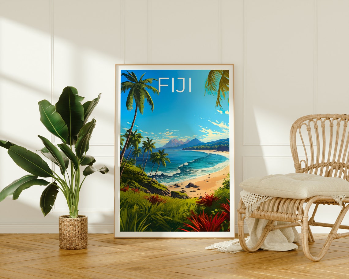 Fiji Beach Bay Palm Trees Turquoise Water Mountain View Poster - Image 2