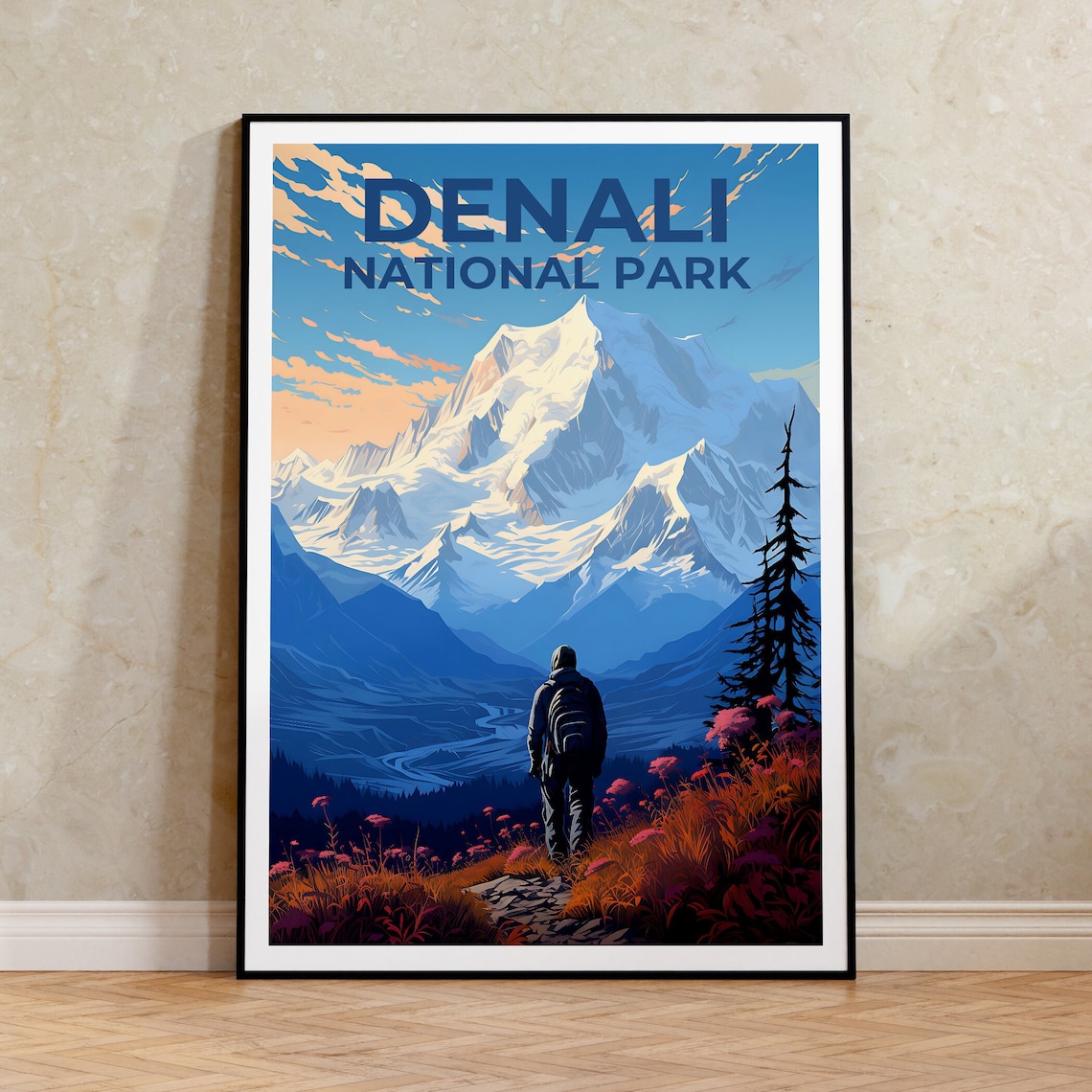 Denali National Park Alaska Hiker Snowy Peak Wildflowers Travel Poster