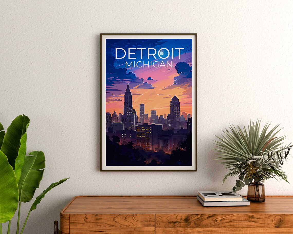 Detroit Michigan Skyline Twilight Glowing City Lights Travel Poster - Image 3